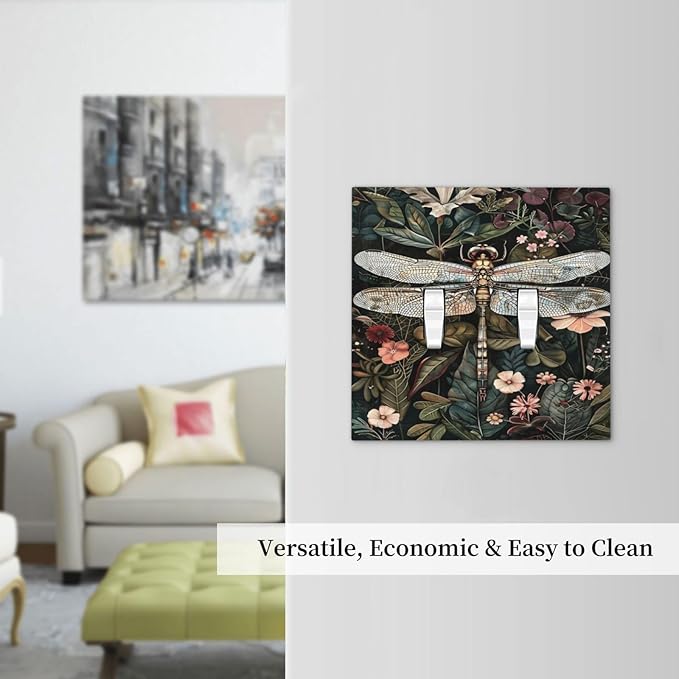 Vintage Dark Green Dragonfly Flowers Floral Botanical Decorative Switch Plates 2 Gang Double Toggle Outlet Light Switch Cover Wall Plate Electrical Faceplate for Farmhouse Home Decor