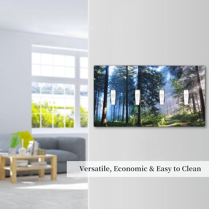 Green Landscape Forest Tree 4 Gang Device Light Switch Cover Decorative Quad Toggle Wall Plate Decorative Electrical Faceplate for Home Bedroom Art Decorate