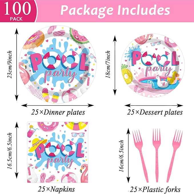 Qyeahkj 100 Pcs Swimming Pool Party Plates and Napkins Set Summer Pool Party Decorations Supplies Pool Disposable Paper Tableware Dinnerware Party Favors Birthday Shower Serves 25