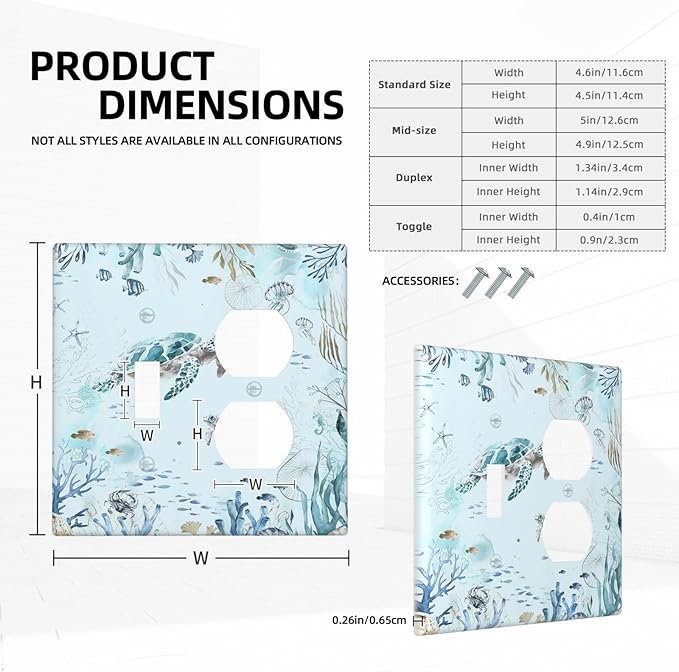 Wallplates Teal Blue Ocean Sea Turtle Seabed Plants 1 Toggle 1 Duplex Switch Plate Electrical GFCI Faceplate Decorative Light Switch Covers for Bathroom Kids room Decor