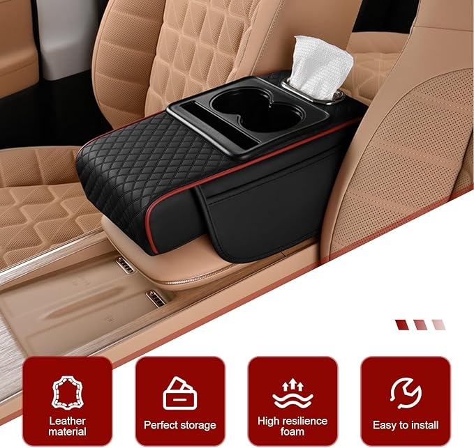 Car Center Console Cover, Upgrade 5-in-1 Genuine Leather Thickened Armrest Box, Armrest Storage Box with Cup, Universal Car Accessories Interior Organizers, for Most Cars (Black & Red)