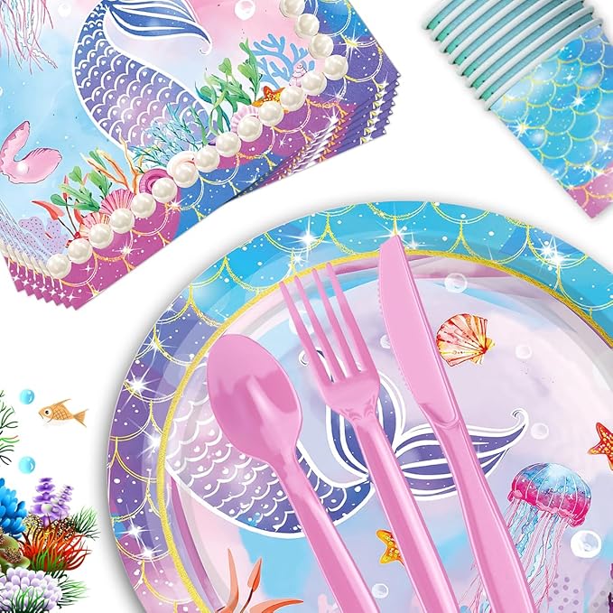 Mermaid Birthday Decorations Disposable Tableware Plates for Baby Shower,Under The Sea Party Supplies Plates,Blue Tableware with Cups,Tablecloth,Banner for Kids Girls,Serve 24