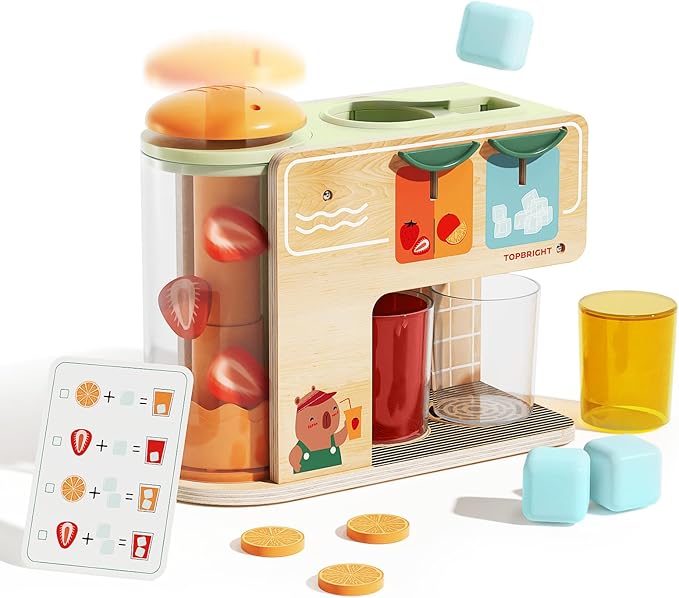 TOP BRIGHT Wooden Drink Dispenser Pretend Play Toys, Play Food Sets for Kids Kitchen with Cups, Juice Inserts, Ice Cubes, Montessori Toys for Boys Girls Capybara Gift Age 3+