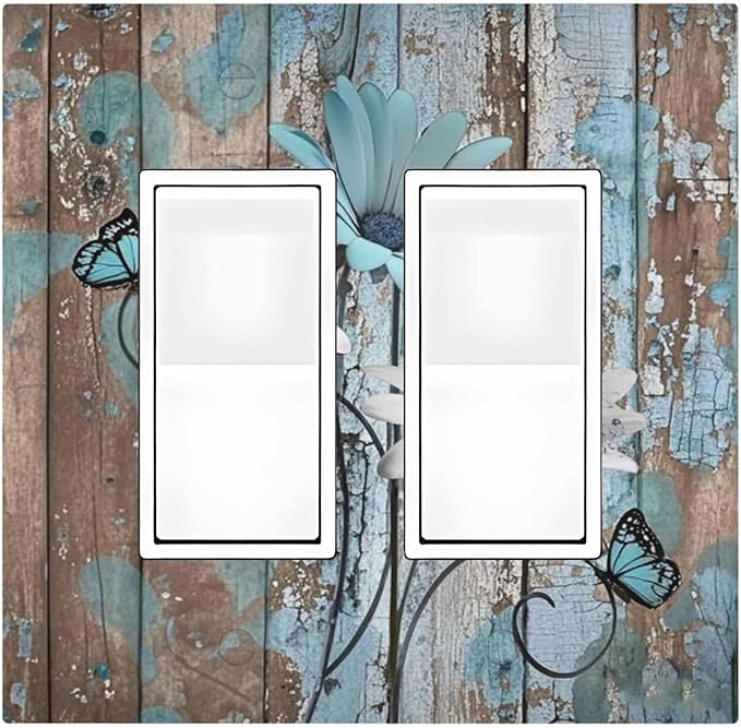 Decorative Outlet Covers Rustic Flower Teal Turquoise Daisy Butterfly 2 Gang Double Gfci Rocker Electrical Wall Panels Light Switch Cover Plate For Farmhouse Cabin Decor