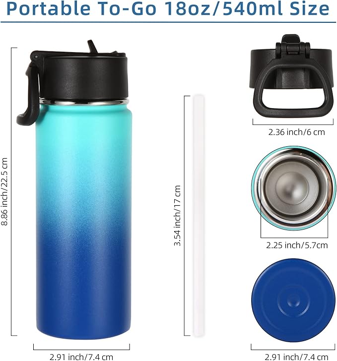Volhoply 18oz Insulated Water Bottle Bulk 2 Pack,Kids Stainless Steel Water Bottles with Straw Lid,Wide Mouth Reusable Metal Cups,Double Wall Vacuum Sports Flask Keep Hot and Cold(Green Blue,2 Set)