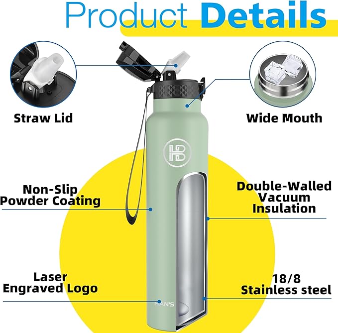 Han's Bottle Sports Water Bottle - 32 Oz, Straw Lid, Leak Proof, Vacuum Insulated Stainless Steel, Double Walled, Thermo Mug,Pine Green