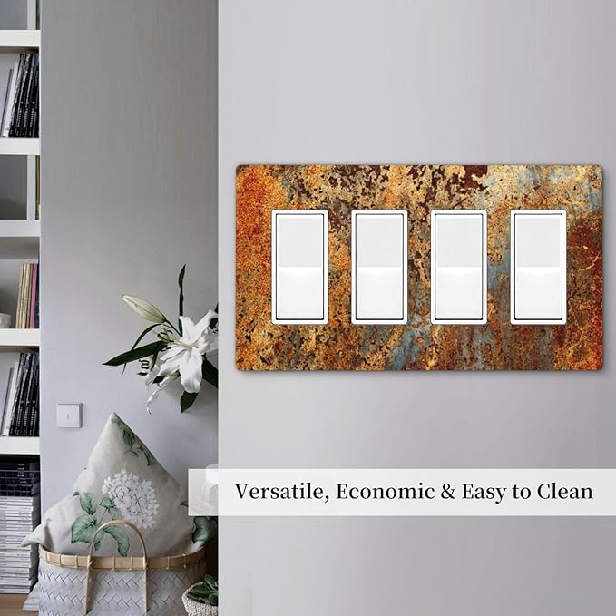 Rust Old Rusty Copper Rustic 4 Gang Quad Rocker/GFCI/Decorator Light Switch Cover Plate Decorative Electric Faceplate Decorative Switchplate Screwless