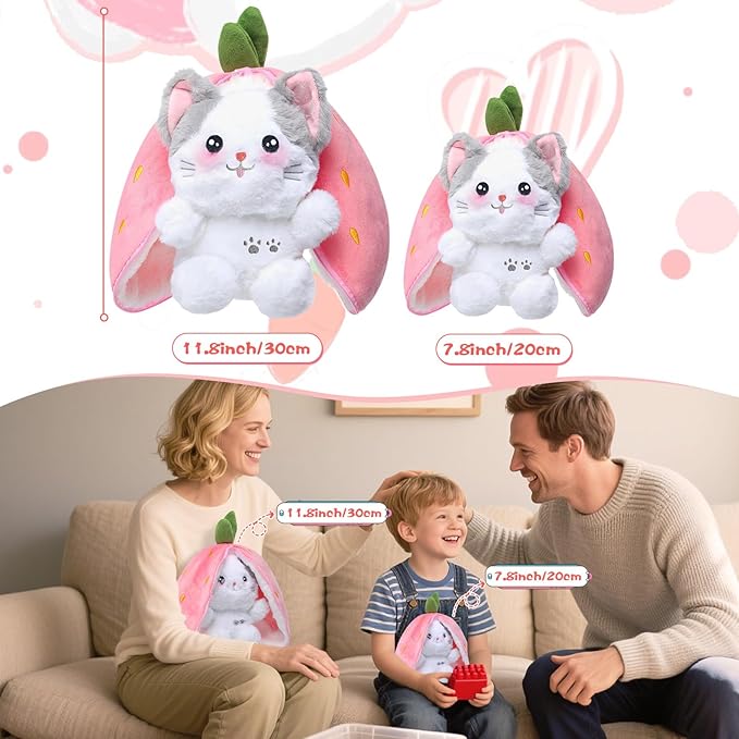 MIAODAM Easter Cat Toys, Stuffed Cat Plush, Kawaii Squishy Cute Strawberry Turn Into Cat Plush, Funny Plushies Toy for Kid & Adult (Strawberry Cat, 11.8inch)