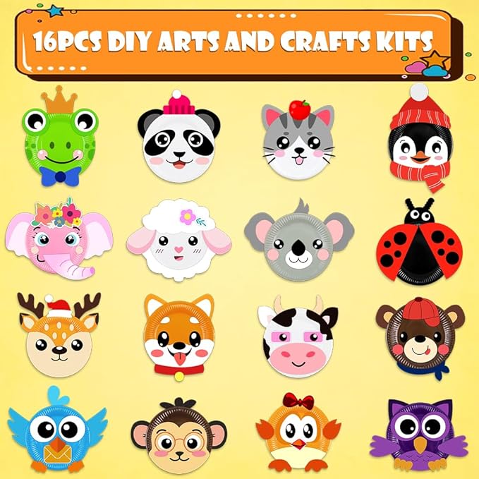16 Pack Arts and Crafts for Kids, Toddler Crafts Animal Paper Plate Art Kit Gift for 3 4 5 6 Year Old Boys Girls DIY Kids for Birthday Party Favor Preschool Classroom Party Games