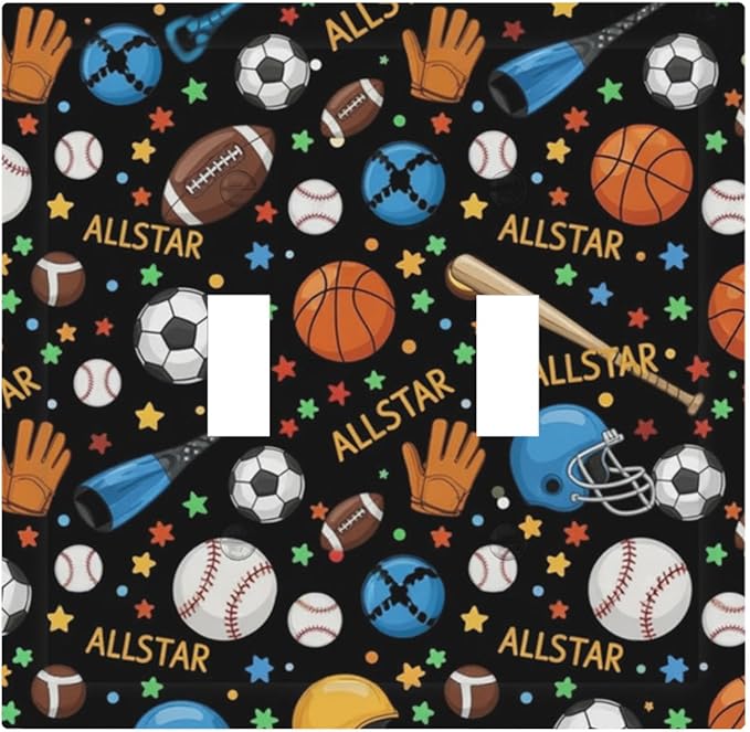 All Star Sports Double Toggle Switch Cover - 2-Gang Standard US Size Multi-Sport Light Switch Covers, Football Baseball Basketball for Boys & Girls Room Decor
