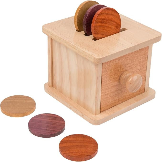 Adena Montessori Coin Box -Natural Wood Double-Sided Object Permanence Box Toy for 1-Year-Old Babies, Wooden Montessori Developmental Toy for 6-12 Month, Early Learning Gift