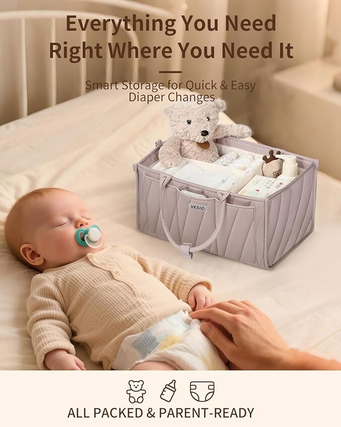 Diaper Caddy Organizer – Portable Storage Basket with Shoulder Strap & Stroller Hooks, Splashproof Quilted Nursery & Car Tote, Gender Neutral Gift for Baby Shower, Smoky Gray
