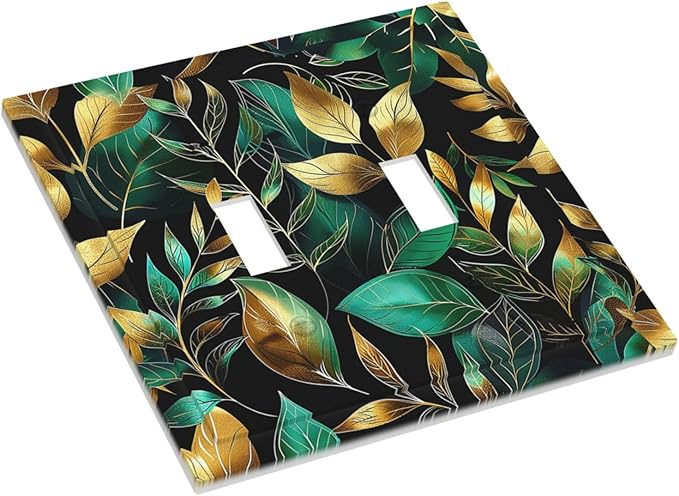 Decorative Switch Plates Vintage Dark Green Vine Leaf Golden Plants 2 Gang Double Toggle Outlet Light Switch Cover Wall Plate Electrical Faceplate for Bed Room Cabin Decor