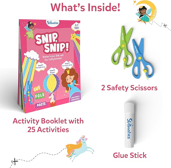 Skillmatics Scissor Skills Activity Book - Snip Snip Unicorns & Princesses, 25 Cutting & Creative Activities for Preschoolers, 2 Child-Safe Scissors, Felt Craft Kit, Screen-Free Fun, Gift for Ages 3-7