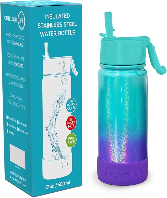 CHILLOUT LIFE 17 oz Kids Insulated Water Bottle for School with Straw Lid Leakproof and Cute Waterproof Stickers, Personalized Stainless Steel Thermos Flask Metal Water Bottle for Girls & Boys
