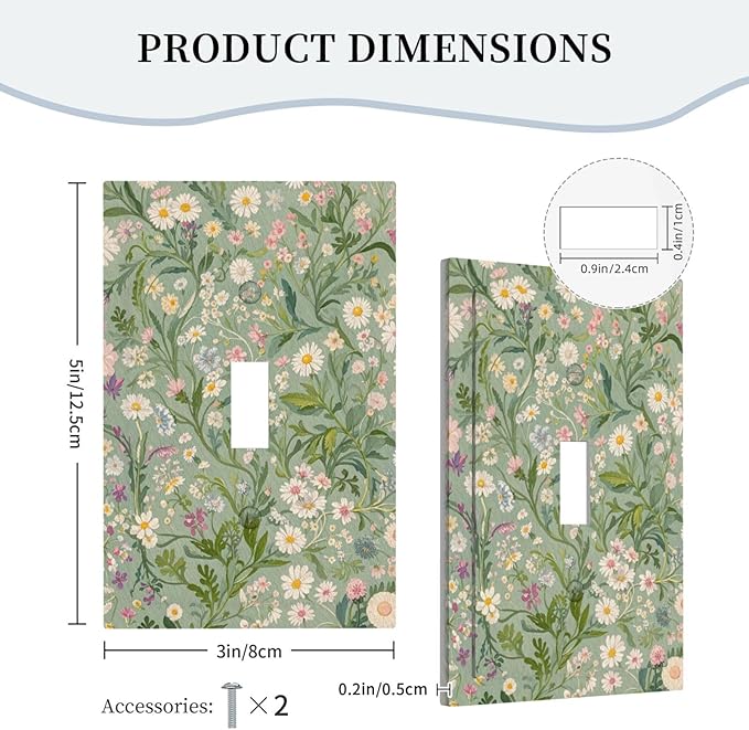 Decorative Switch Cover Plate with Vintage Wildflowers & Daisies on Light Green Background Design Single Gang Toggle Switch Plate Light Switch Covers Artistic Faceplate