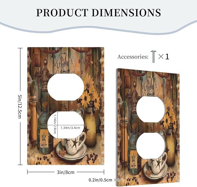 Decorative Outlet Covers Vintage Coffee Pot Star Farmhouse Wood Plank 1 Gang Wall Plate Receptacle Duplex Light Switch Cover Plate Single Dual Plug Covers Electrical Switchplate Faceplate