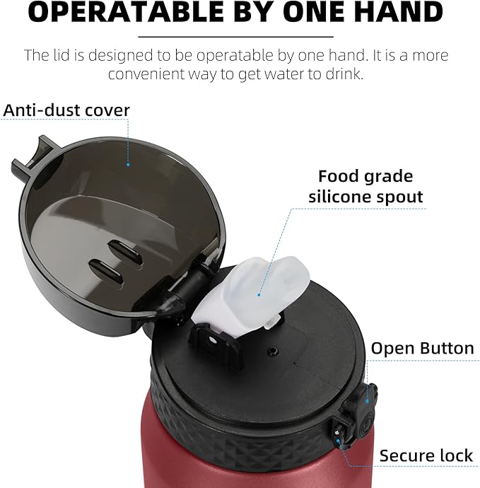 Fanhaw 24 oz Insulated Stainless Steel Water Bottle with Straw Lid, Leakproof & Anti-Dust Sports Bottle for Kids, Women & Men (Red Black)