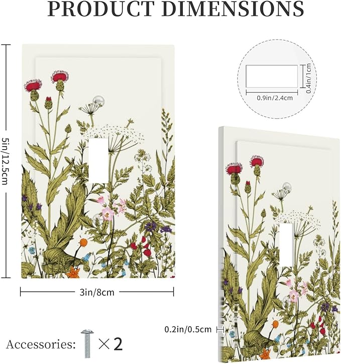 Country Rustic Colorful Flowers Floral 1 Gang Toggle Light Switch Plate and Outlet Cover Spring Garden Botanical Plant Wildflower Blossom Decorative Single Toggle Switch Face Socket Plug Wall Plate