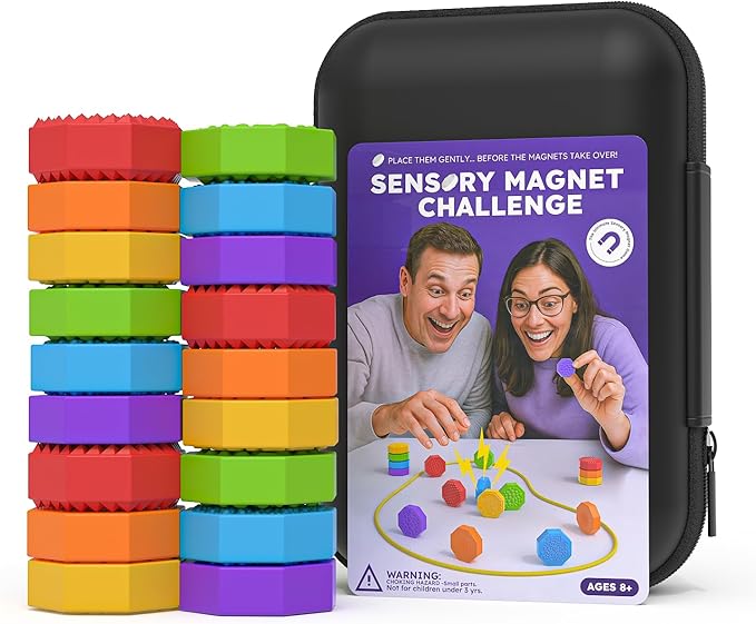Magnetic Chess Game with Stones Magnet Game with String - 18 Silicone-Covered Magnets Fidget Toy Textured Sensory Rock Toys Strategy Game for Stress Relief, ADHD, Travel Family Toys for Kids & Adults