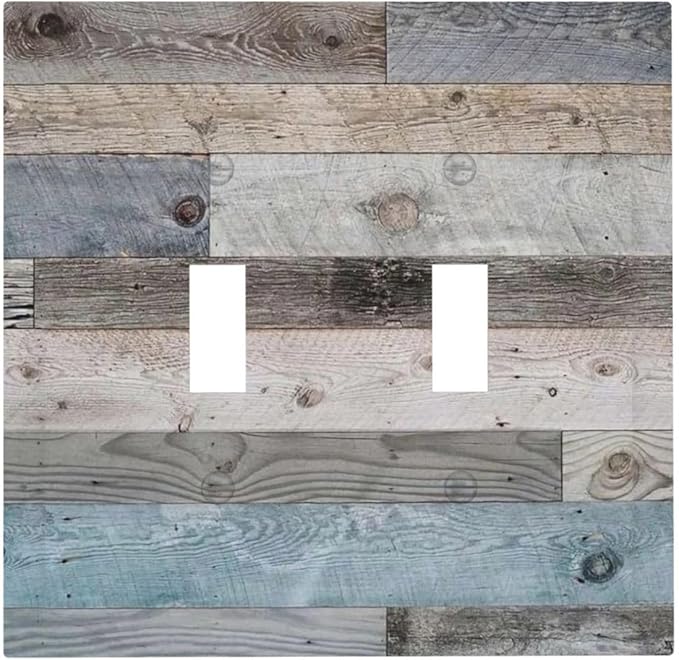 Western kitchen Teal Blue Wood Old Garage Style Decorative Double Toggle Light Switch Covers Retro Rustic Country Farmhouse Barn Electrical 2-Gang Receptacle Outlet Face Wall Plate Cover Jumbo Size