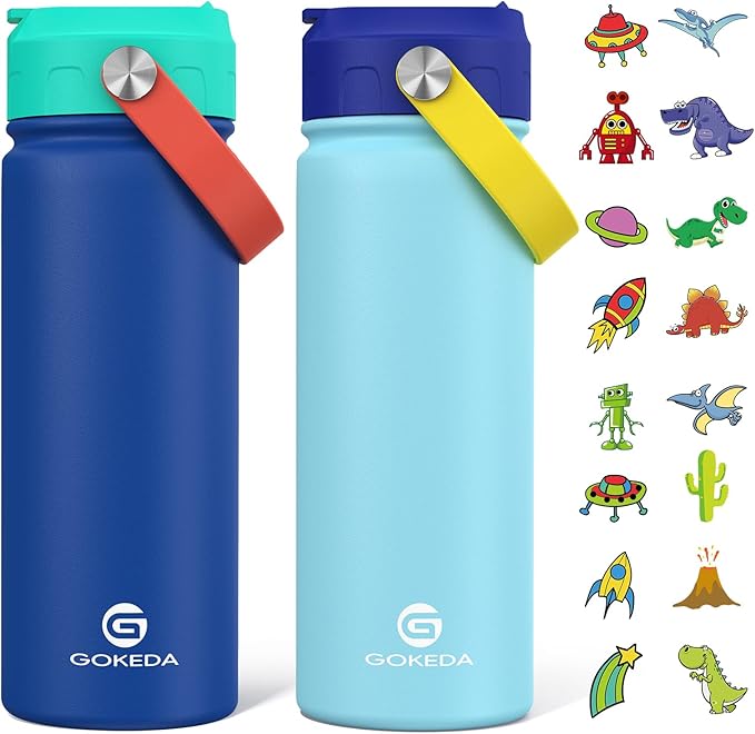 GoKEDA 18oz Kids Water Bottle, 2 Pack Insulated Bottles with Stickers, 18/8 Stainless Steel Vacuum Leak Proof Straw Cup for School, Gifts for Boys Girls(LightBlue+DarkGreenBlue)