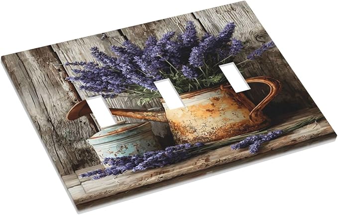 Rustic Flowers Lavender Purple Floral Oil Painting Decorative Switch Plates 3 Gang Wall Plate Triple Toggle Light Switch Cover Faceplate Electrical Wall Panels for Farmhouse Bedroom Decor