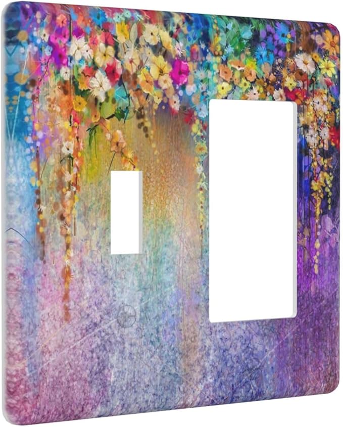 Colorful Floral Watercolor Flower 2 Gang Single Toggle Rocker Combination Light Switch Cover Purple Decorative Wall Plate Cover Electrical Faceplate for Farmhouse Bathroom Bedroom Kitchen Decorate