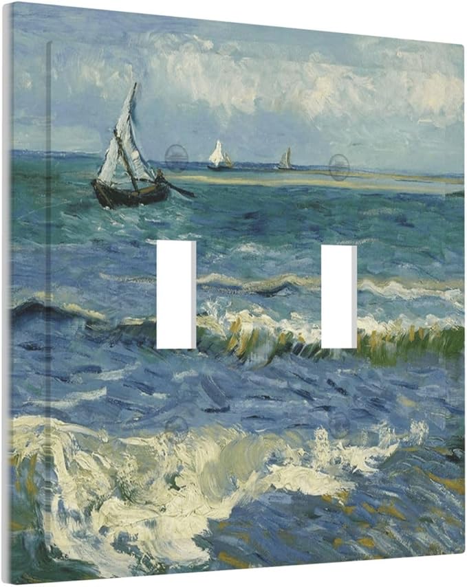 Nautical Ocean Waves Sailboat Painting Blue Sky Decorative Switch Plates 2 Gang Double Toggle Outlet Light Switch Cover Wall Plate Electrical Faceplate for Bathroom Bedroom Decor