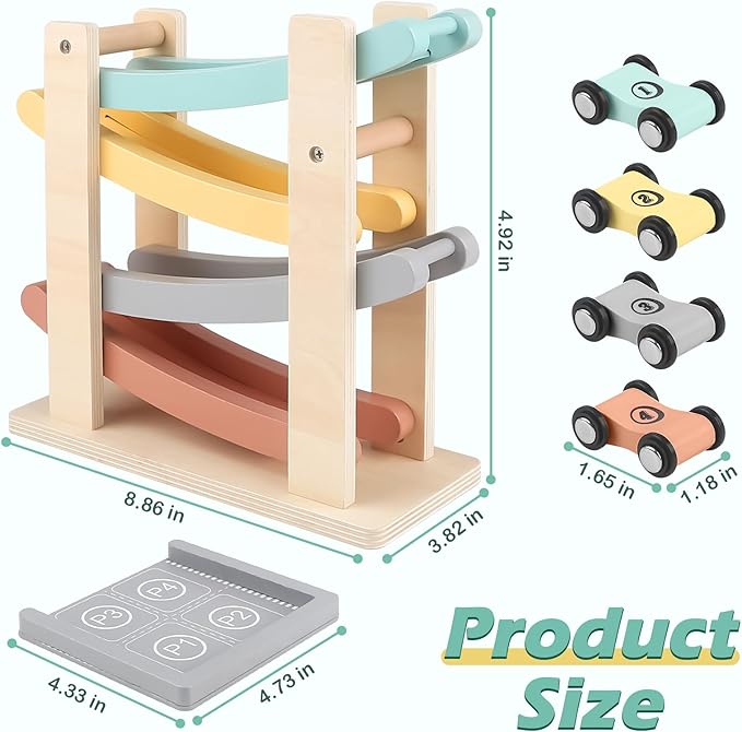 Vanplay Car Ramp Toys for One Year Old Boy Birthday Gifts, Wooden Montessori Toys for 1 2 Year Old, Race Track Truck Toy with 4 Mini Cars, First Christmas Birthday Gifts for Toddlers 1-3-2-4