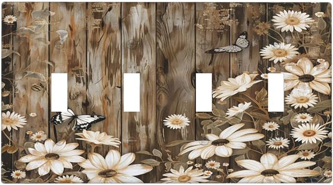 Light Switch Cover Plate Rustic Wood Butterflies Flowers Botanical 4 Gang Quad Toggle Decorative Switch Plates Electrical Wall Plates Faceplate for Farmhouse Cabin Decor