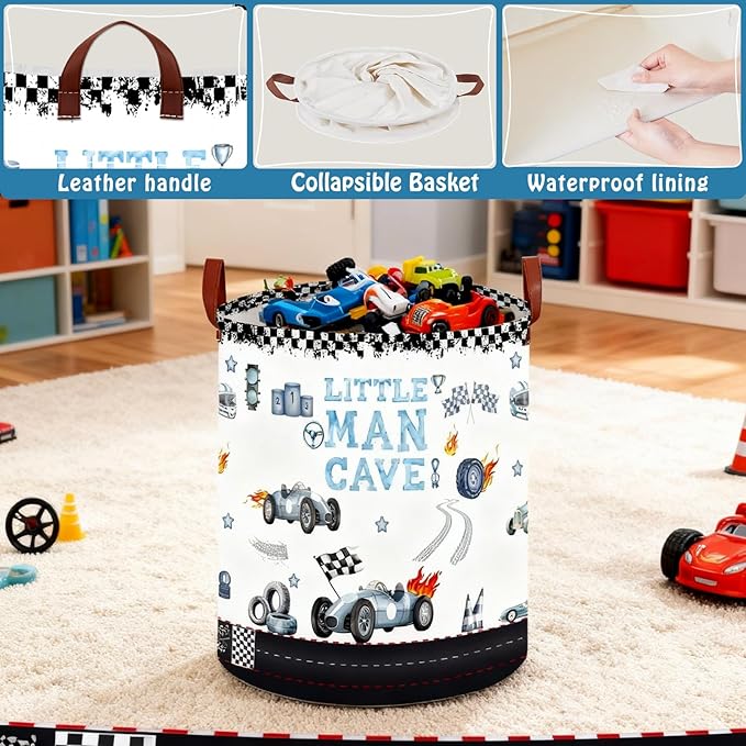 Car Themed Room Decor Laundry Basket, Kids Vintage Car Nursery Hamper,Tire Toy Box for Boys,Collapsible Clothes Book Organizer Bin for Baby,Christmas Gift(Vintage Blue,Round)