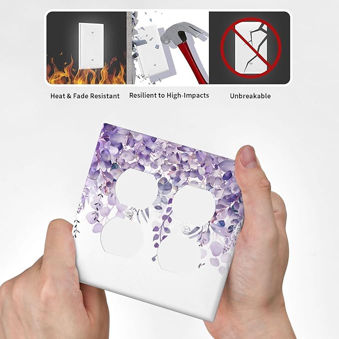 Purple Plants Leaves Eucalyptus Vine Floral Flowers Outlet Covers 2 Gang Double Duplex Decorative Light Switch Covers Electrical Wallplates Socket Faceplate for Bedroom Living Room Decor