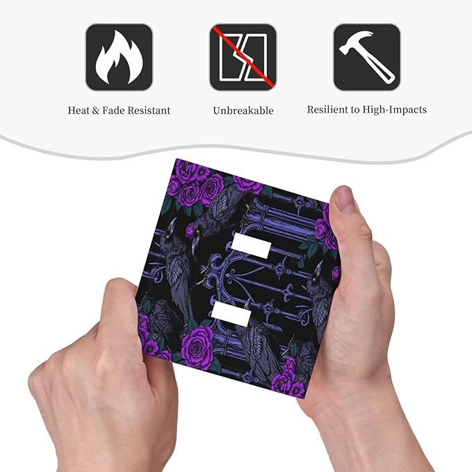 Decorative Switch Plates Gothic Style Crow Purple Flowers 2 Gang Double Toggle Wall Plate Outlet Light Switch Cover Electrical Faceplate for Bedroom living Room Decor