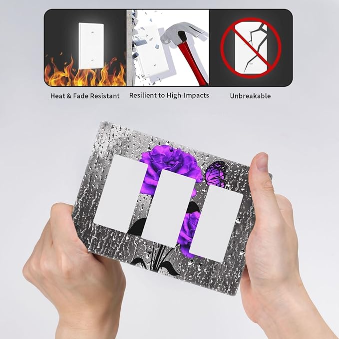 Purple Gray Rose Butterfly 3-Gang Rocker/Decorator Wall Plate Cute Romantic Gray Blossom Flowers Floral Decorative Screwless Triple Device Light Receptacle GFCI Outlet Switch Faceplate Cover Dimmer