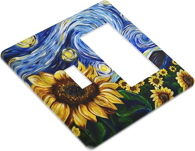 Vintage Abstract Blue Starry Sunflower 2 Gang Single Toggle Rocker Combination Light Switch Covers Wall Plate Cover Electrical Faceplate Decorative Switchplate for Farmhouse Country Bedroom Decor
