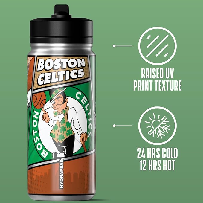 Hydrapeak x NBA Boston Celtics 20 oz Stainless Steel Water Bottle, Officially Licensed Double Wall Insulated Sports Bottle with Straw Lid, Reusable Leakproof Gift for Kids & Adults