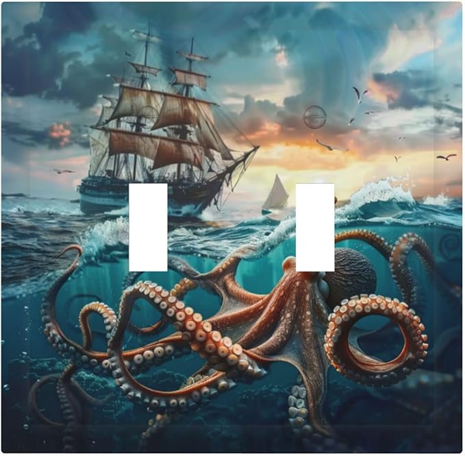 Light Switch Cover Plate Sailboat Ship Octopus Ocean Sea Waves 2 Gang Double Toggle Decorative Switch Plates Wall Plates Electrical Faceplate for Bathroom Bedroom Decor