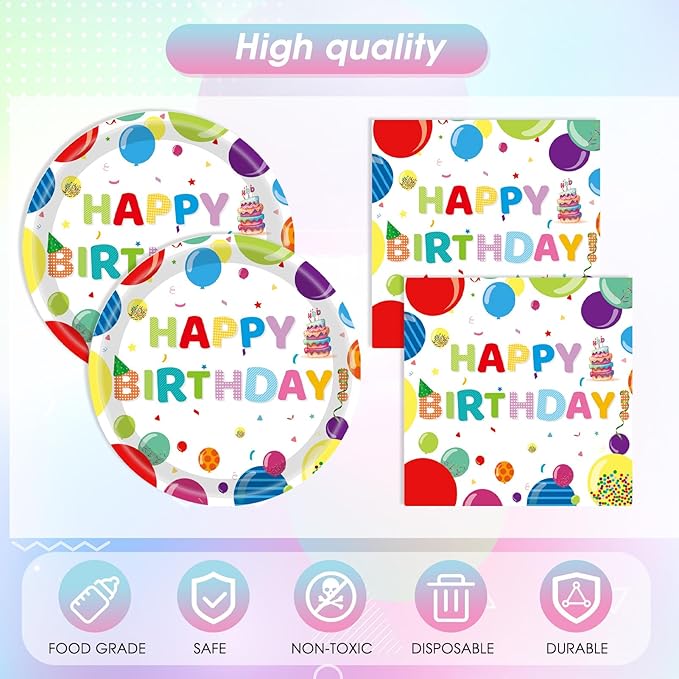 41Pcs Happy Birthday Decorations Colorful Birthday Party Supplies Set Rainbow Color Balloons Design Happy Birthday Paper Plates Napkins Tablecloth丨Birthday Decorations for Boys Girls Kids,Serve 20