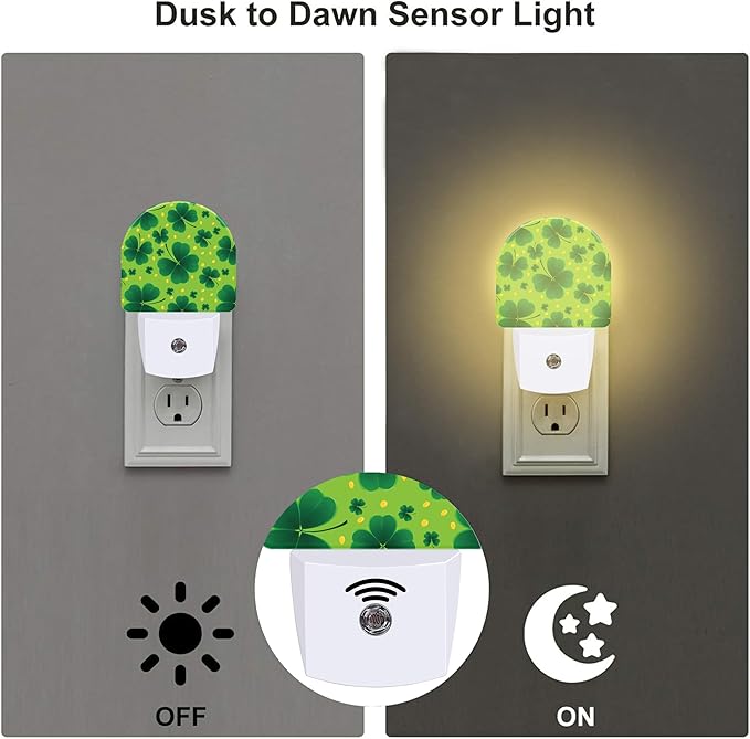Saint Patricks Day Clover Night Light for Kids,St. Patrick's Day Shamrock Plug in Night Light with Dusk to Dawn Sensor, 0.5w Energy Saving Nightlight for Hallway Stairway Kitchen Bedroom