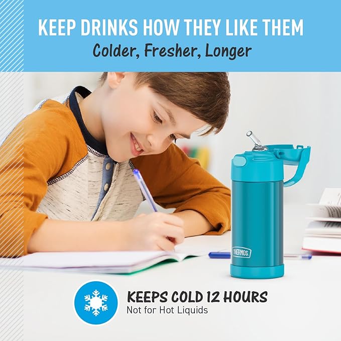 THERMOS FUNTAINER Water Bottle with Straw - 12 Ounce - Kids Stainless Steel Vacuum Insulated Water Bottle with Lid,Teal,(Pack of 6)