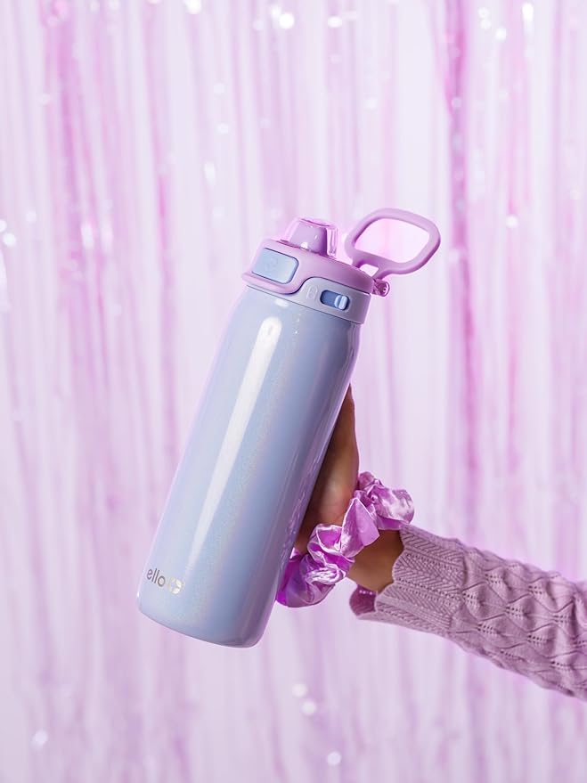 Ello Pop & Fill 18oz Stainless Steel Kids Water Bottle with Quick Fill Lid | Vacuum Insulated BPA Free Bottle with Leak Proof Straw and Chug Lid, Dishwasher Safe, Gift For Kids Teens, Purple Holo