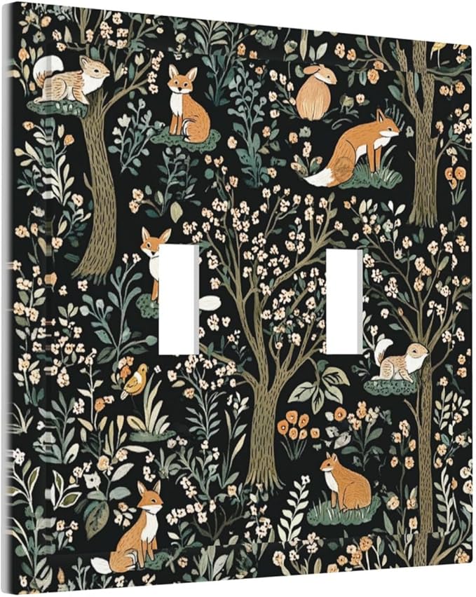 Decorative Switch Plates Fairy Forest Animals Fox Squirrel Flower 2 Gang Double Toggle Outlet Light Switch Cover Wall Plate Electrical Faceplate For Bed Room Farmhouse Decor