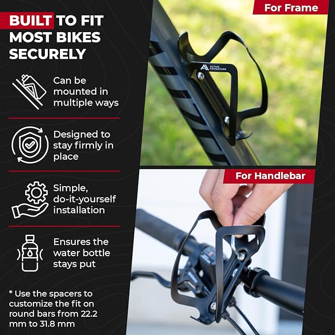 Bike Water Bottle Holder Combo - 20 Oz Squeeze Bottle & Bicycle Mount Cage Rack, No Screws Needed, Durable Alloy - Fits All Handlebar Bikes & MTB Mountain Road - for Adults, Kids (Black)