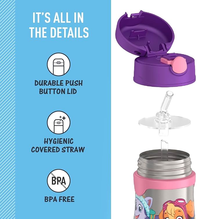 THERMOS Vacuum Insulated Stainless Steel 10oz Straw Bottle, Paw Patrol Girl