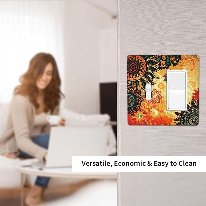 Red Mandala Boho Flower Floral 2 Gang Combination Single Toggle/Decorator Wall Plate Burnt Orange Sunflower Bohemian Combo 1-Toggle 1-GFCI/Rocker Outlet Light Switch Dimmer Receptacle Faceplate Cover