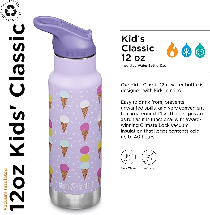 Klean Kanteen 12 oz Classic Kid's Insulated Water Bottle with Flip Seal Sport Cap - 100% Leakproof Cap - BPA-Free - Stainless Steel Material - Ice Cream