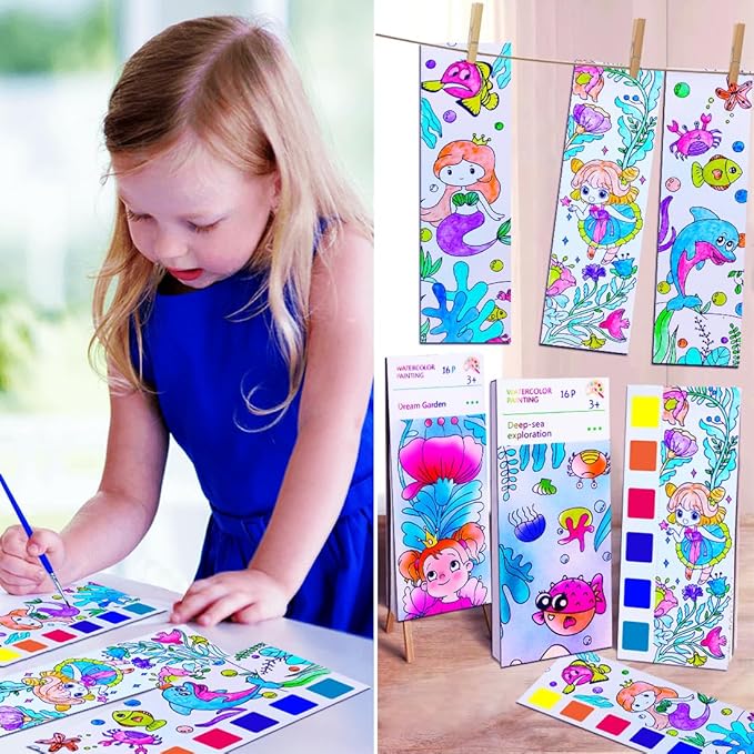 JUNQIU Paint with Water Books for Kids Ages 4-8, Watercolor Painting Coloring Books for Toddlers, Magic Paint Set for Kids, Art Craft Set for Drawing with Brush(2 Pack)