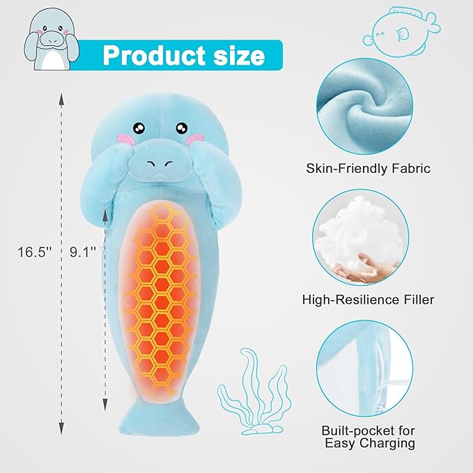 Manatee Heating Pad Plush, Cute Heating Pad for Period Cramps, USB Powered Electric Heated Stuffed Animal Toy for Pain Relief, Soft Portable Gift for Mother Women Kids, Easter Gifts, Blue