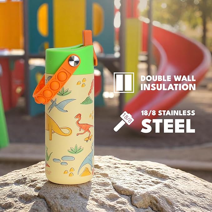 Elemental Insulated Kids Water Bottle, Stainless Steel Water Bottle with Straw Lid & Pop-It Handle, Leak-Proof Water Bottles for School, Boys or Girls, Travelling and Sports, 18oz - Skater Dinos